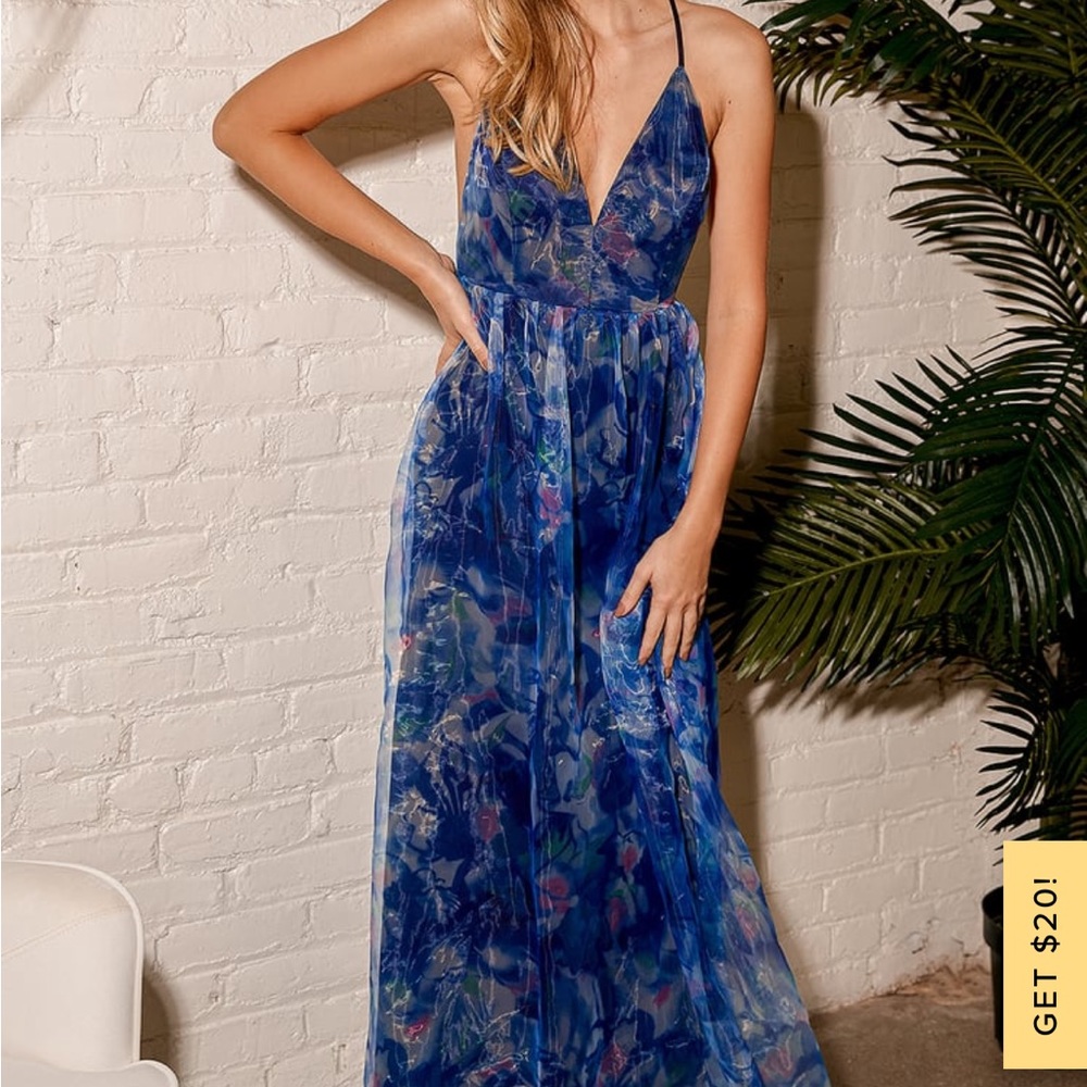 Navy Blue Floral Organza Maxi Dress